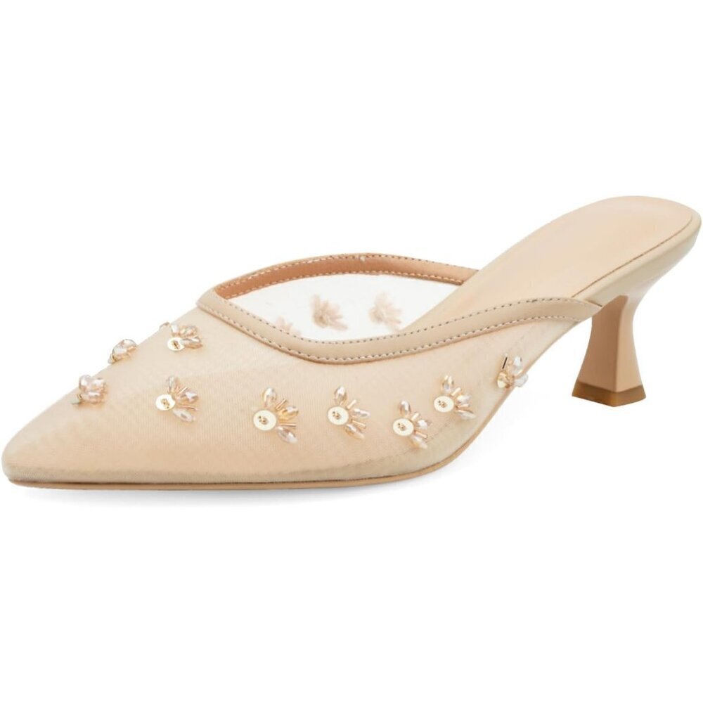 🆕Women Nude Mesh Kitten Heel Mules Crystal Flower Pointed Toe Low Pumps